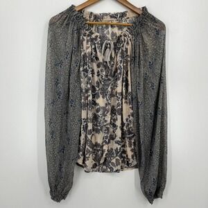 Free‎ People Long Sleeve Button Shirt Women's XS Gray Boho Floral V-Neck Sheer